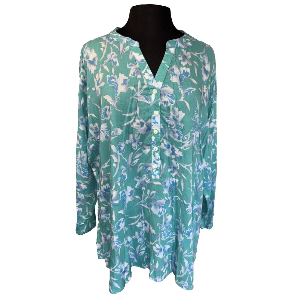 Floral Tunic Long Sleeve Blouse Blue‎ Sky Plus Size 1X  Green Teal Fairy Boho